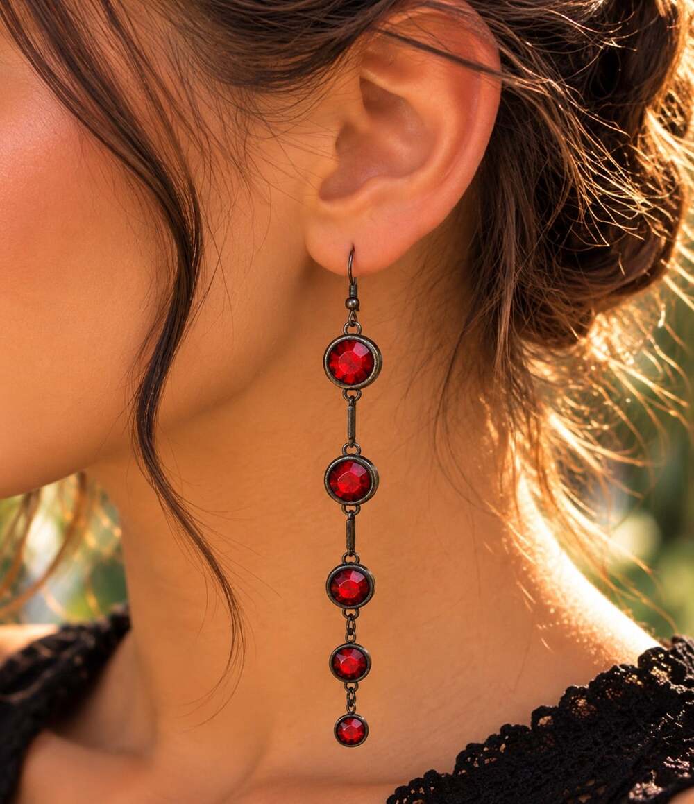 Red Rhinestone Long Dangle Drop Earrings Gunmetal Fishhook Gothic Glam Statement